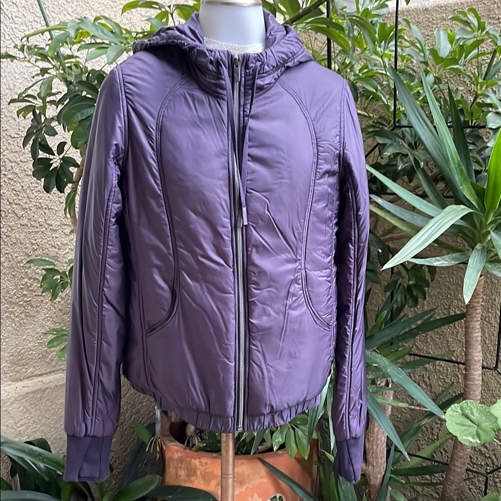 Purple Hooded Lululemon Athletica Puffer Jacket with Water-Resistant Fabric